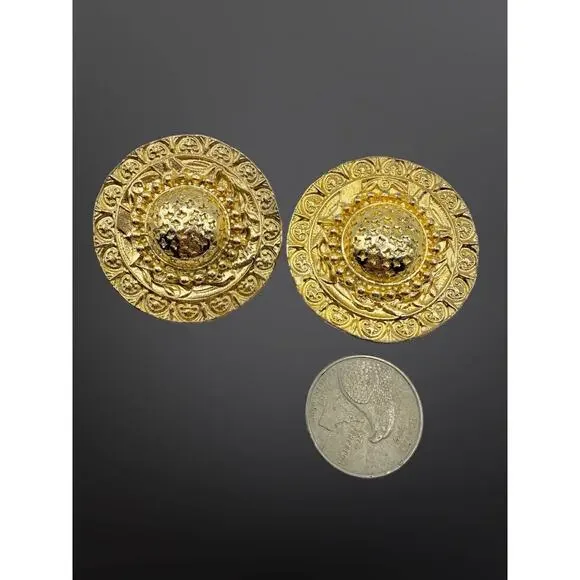 Vintage Etruscan Medallion Gold Plated Clip On Earrings